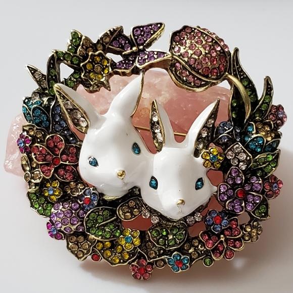 Jewelry - Easter bunny brooch enamel butterflies flowers wreath rhinestones New STUNNING